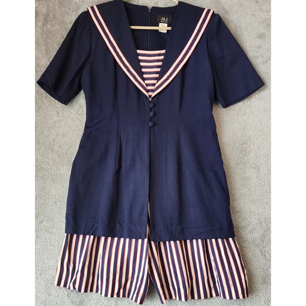 JSJ Petites Romper Womens 4P Blue Nautical Sailor Striped Short Sleeve Vintage